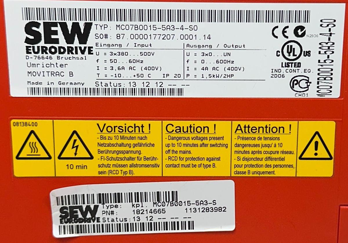 Used SEW EURODRIVE MC07B0015-5A3-4-S0 / MC07B0015-5A3-4-S MOVITRAC B 1.5kW/2HP USNP