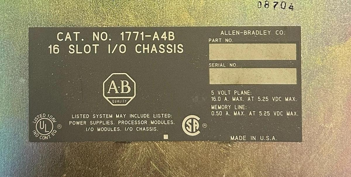 Used ALLEN BRADLEY 1771-A4B /A PLC-5 16 SLOT I/O MODULE CHASSIS 1771A4B