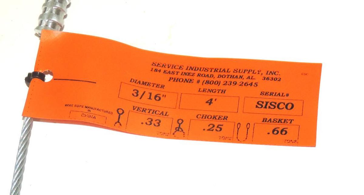 NEW SERVICE INDUSTRIAL SUPPLY 4' WIRE ROPE SLING 3/16" DIAMETER