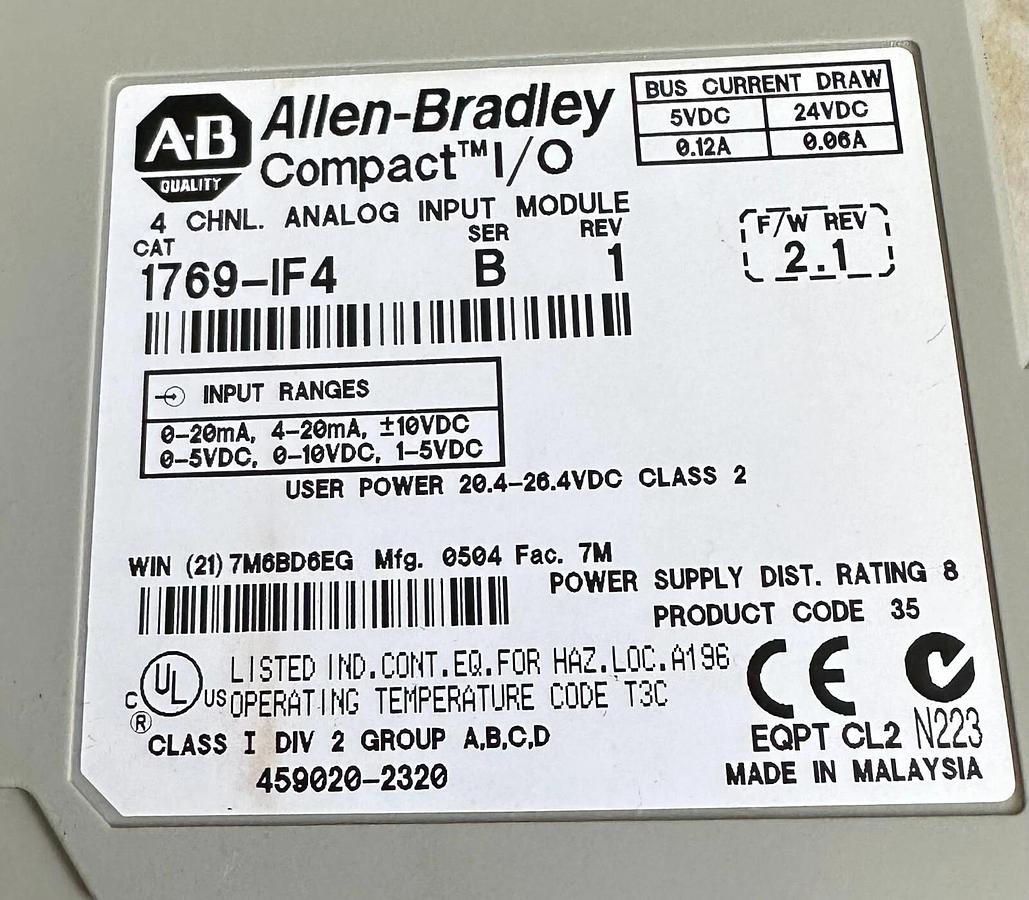 Used ALLEN BRADLEY 1769-IF4 /B Compact I/O 4-CHNL ANALOG INPUT MODULE FW. 2.1 1769IF4