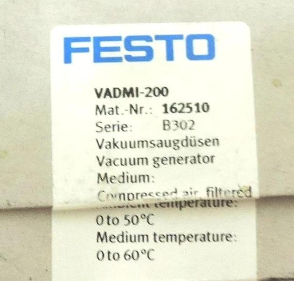 Used NIB FESTO ELECTRIC VADMI-200 VACUUM GENERATOR WITH MS0EB-3-24V DC COILS