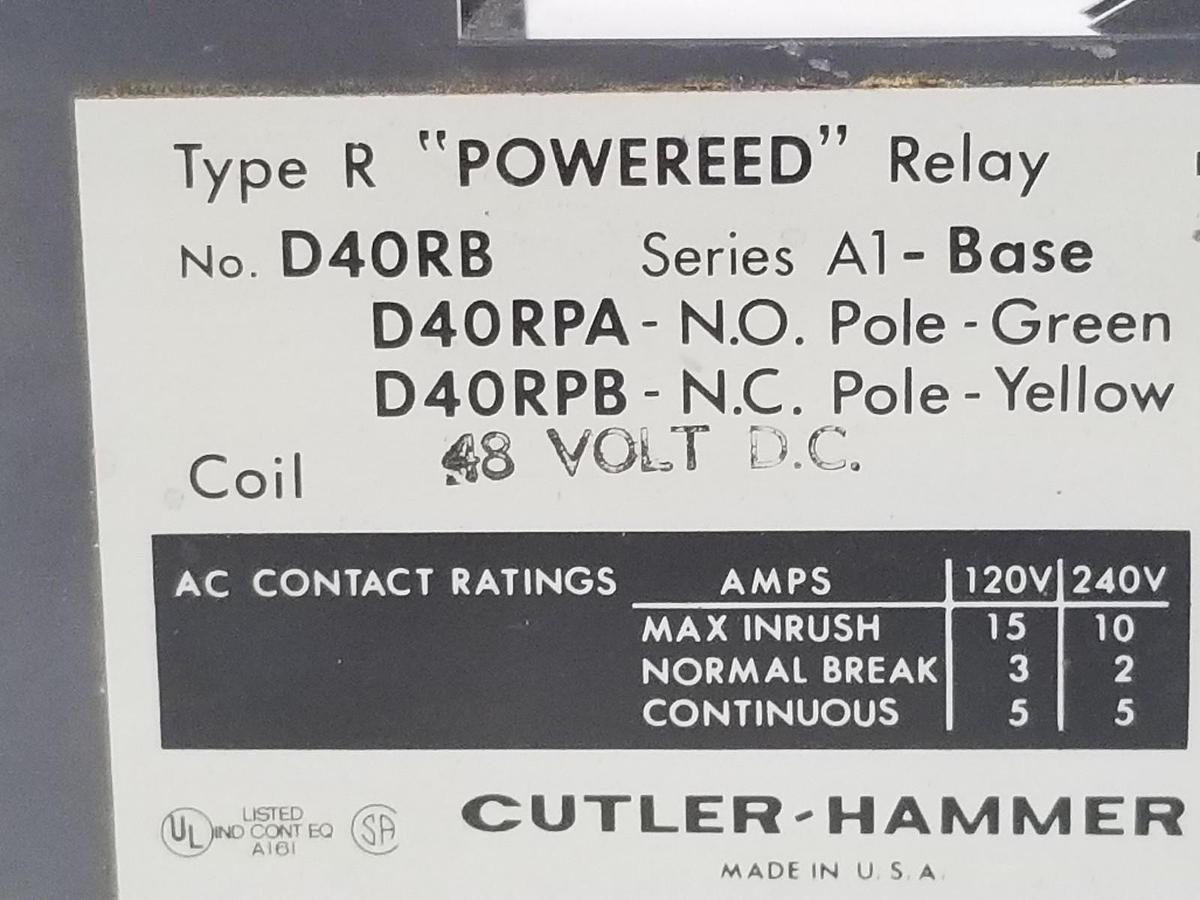 Used CUTLER-HAMMER TYPE R POWERED RELAY NO. D40RB, SER. A1