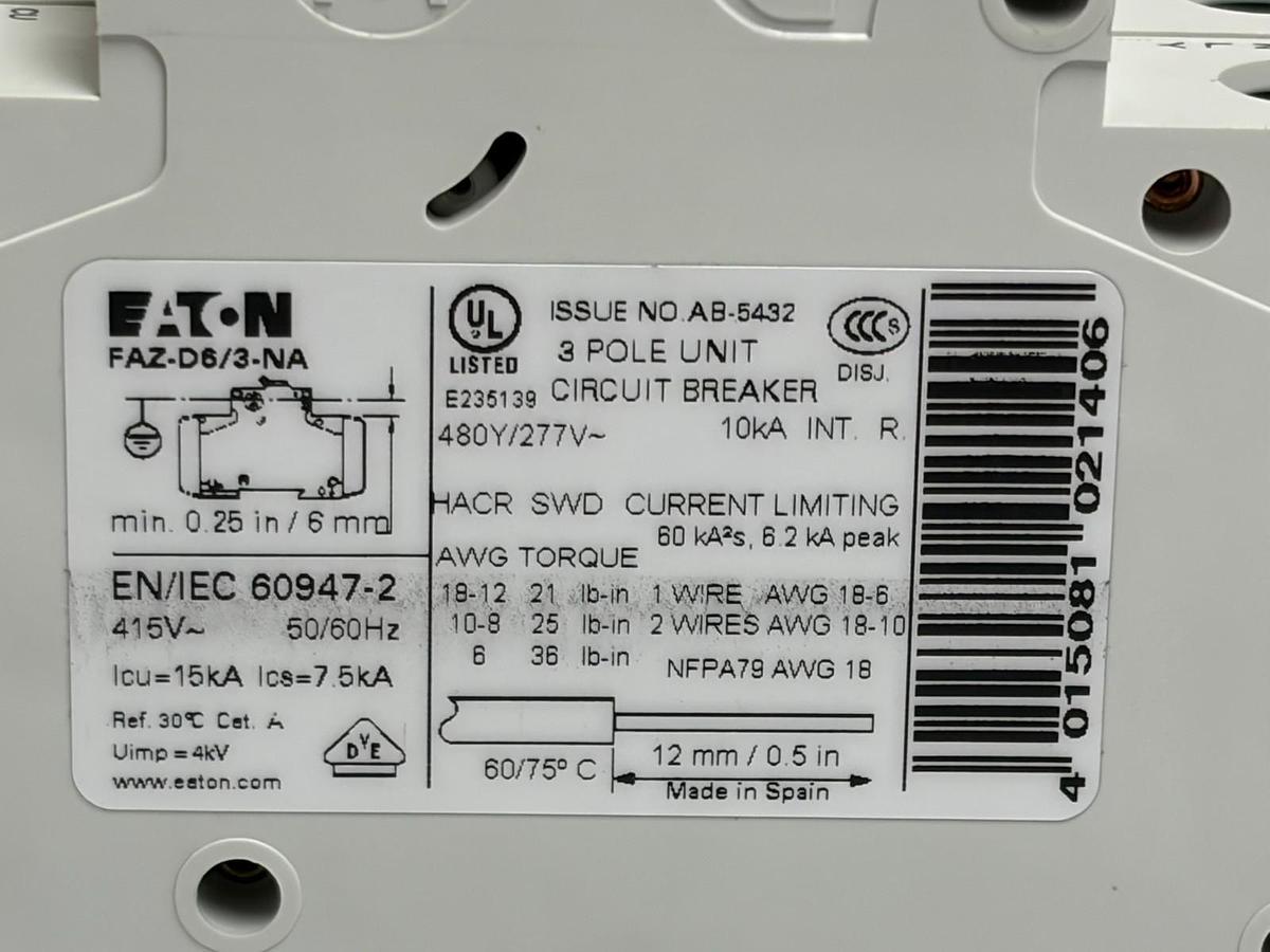 Used Eaton FAZ-D6/3-NA Moeller xEffect 3 Pole 6A D Curve Circuit Breaker UL 489 New