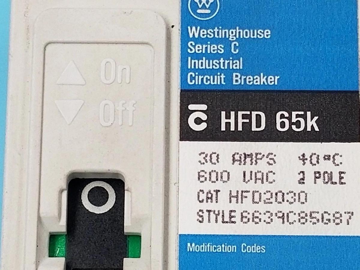 Used WESTINGHOUSE 6639C85G87 CIRCUIT BREAKER HFD2030 , SER.C, 600VAC, 30A, HFD 65K
