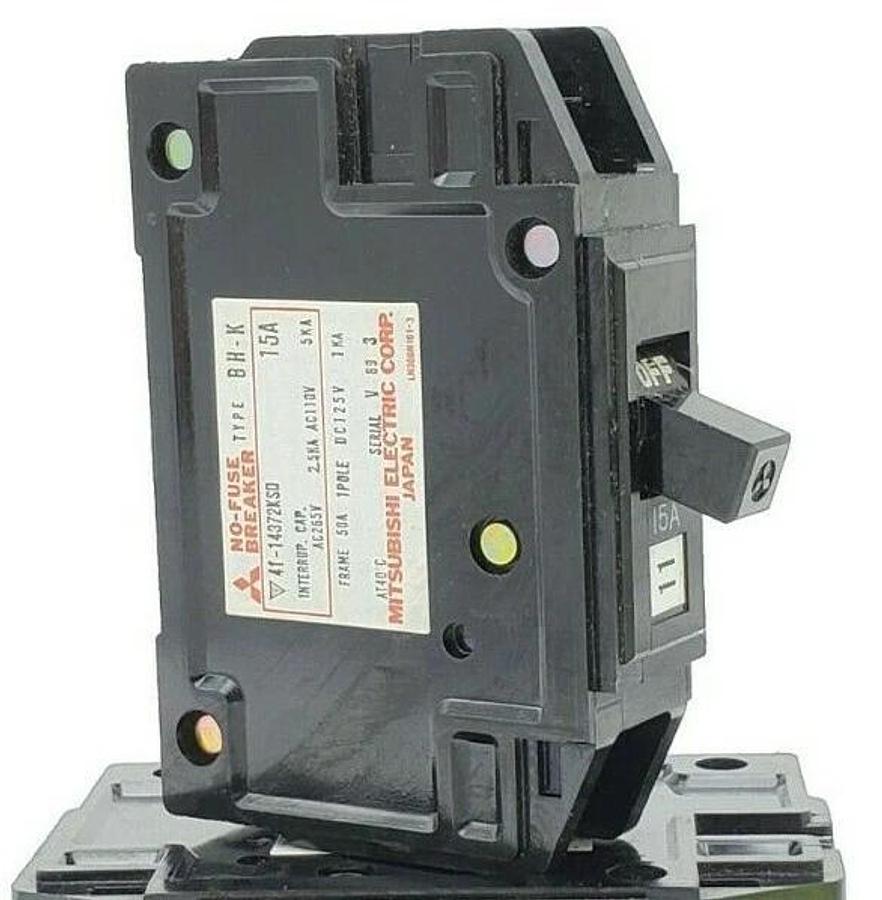 Used LOT OF 4 MITSUBISHI TYPE BH-K CIRCUIT BREAKERS 41-14372KSD, 15A
