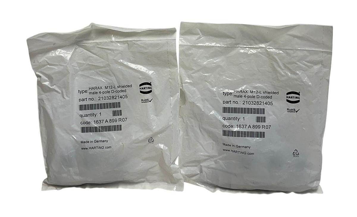 Used 2 HARTING 1637 A 899 R07 / 21032821405 HARAX M12-L shielded male 4-pole OEM NSFS
