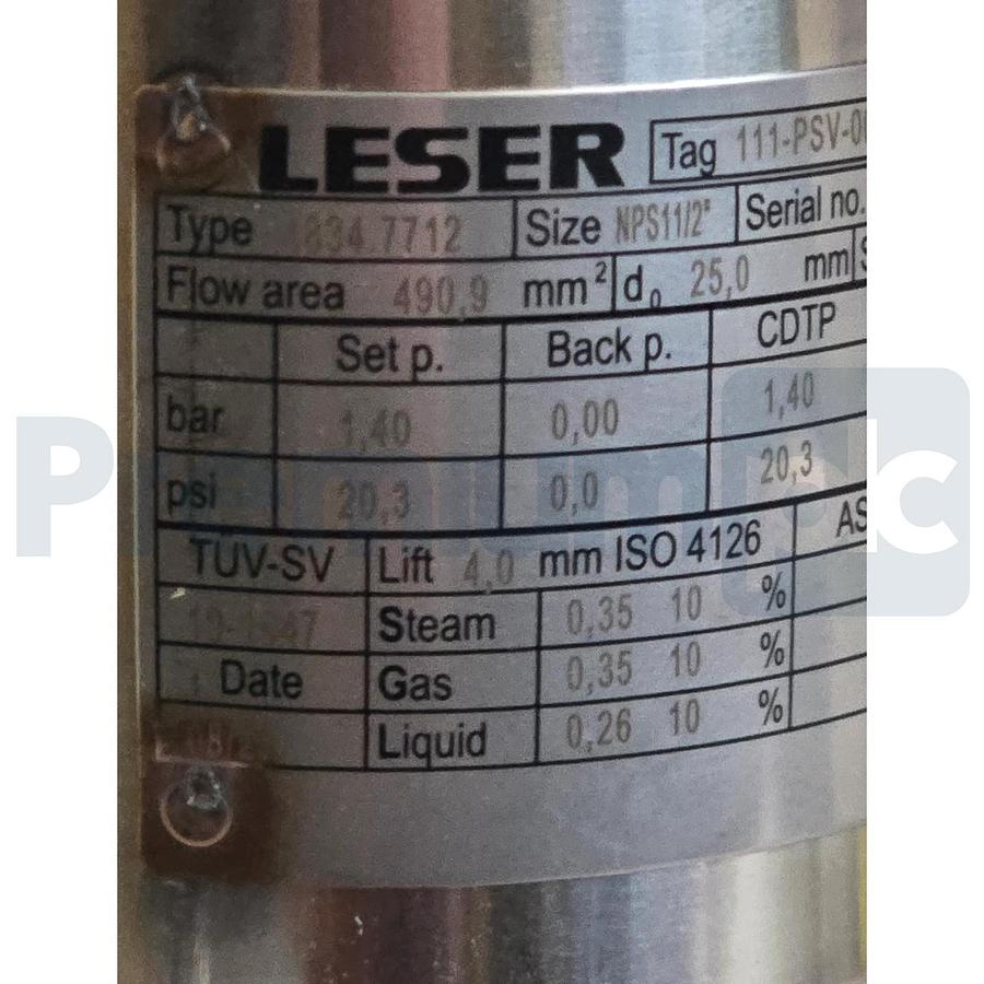 LESER 4834.7712 Type 483 Safety Relief Valve 1.5" x 2" NPS 316L/SS 20.3psi NSNP