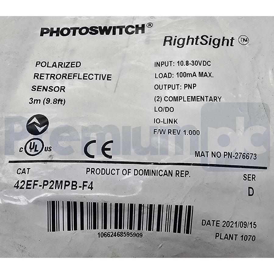 Used Allen-Bradley 42EF-P2MPB-F4 /D RightSight Polarized Retroreflective Sensor 3m