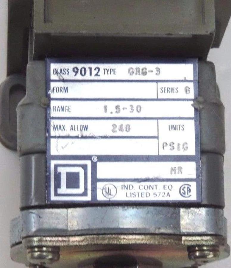 Used SQUARE D 9012-GRG-3 SER. B PRESSURE SWITCH 240PSIG, 1.5-30, 9012GRG3