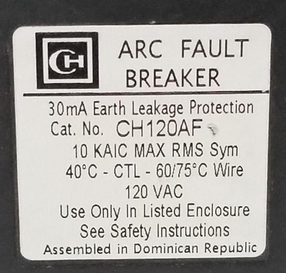 Used NEW CUTLER HAMMER CH120AF ARC FAULT BREAKER 20A 1P 120VAC 96-5654-2 D7A