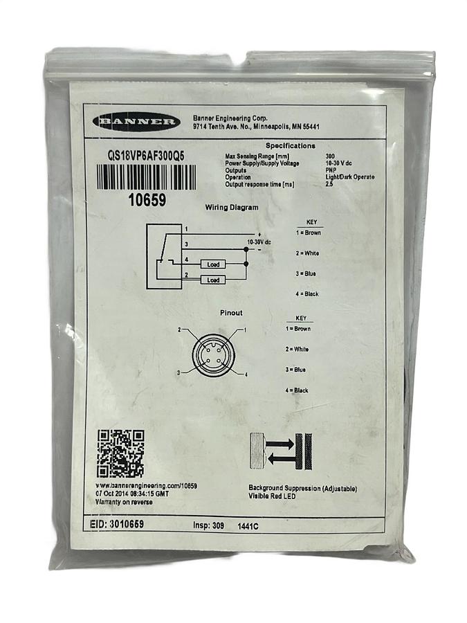 Banner WORLD-BEAM QS18VP6AF300Q5 Sensor AF 300mm PNP New Surplus