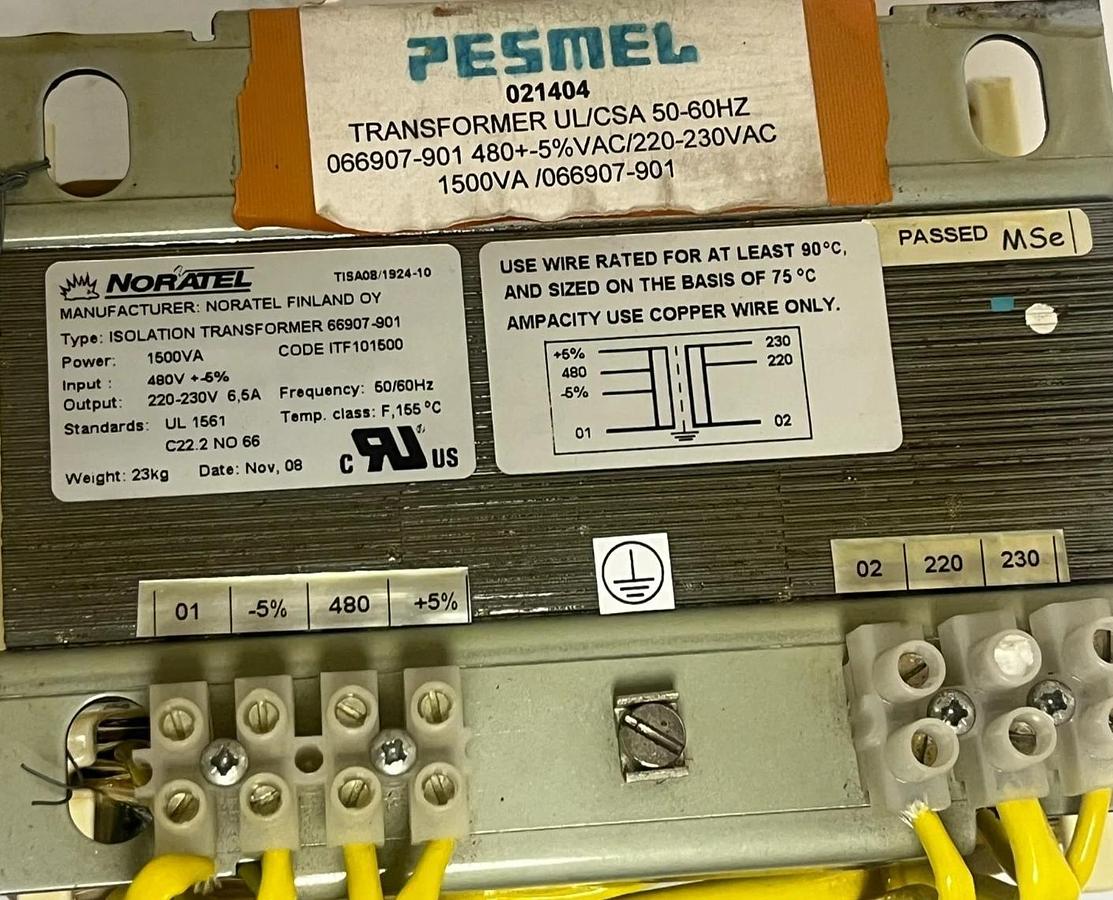 NORATEL 66907-901 Isolation Transformer 1500VA 480V In 230V Out 6.5A 50/60Hz