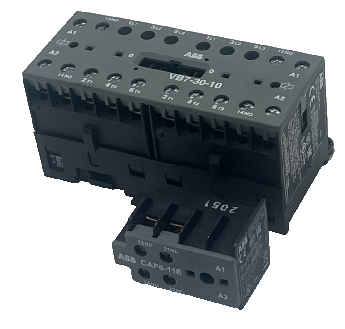 Used ABB VB7-30-10 MINI CONTACTOR 3-Pole + 1 Aux, W/ AUXILIARY CONTACT CAF6-11E, NSNP
