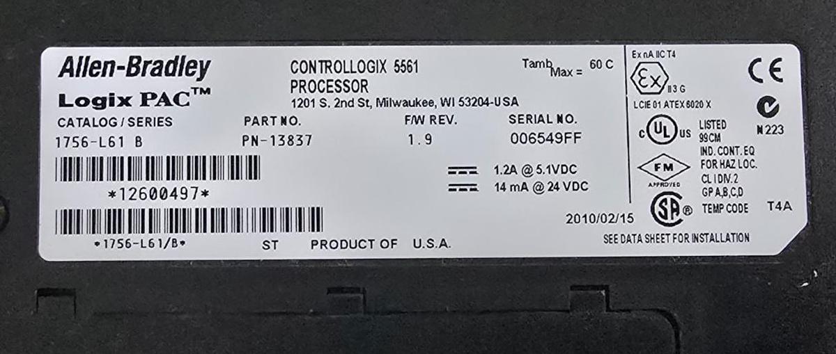 Used Allen Bradley 1756-L61 /B ControlLogix 5561 Processor 2MB Memory RS-232 NSNP