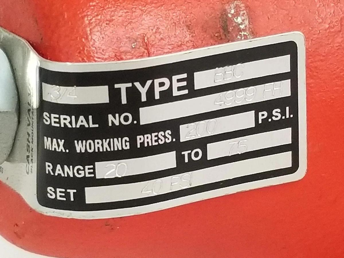 NEW CASH ACME 3/4" TYPE BBC PRESSURE REGULATING VALVE 200PSI MAX, 40PSI SET