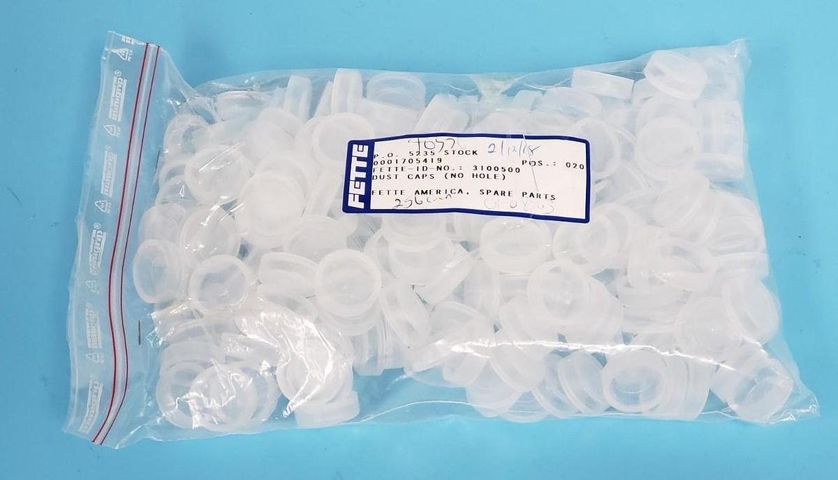 Used LOT OF 200 NEW FETTE SPARE PARTS CO. 3100500 CLEAR NO HOLE DUST CAPS