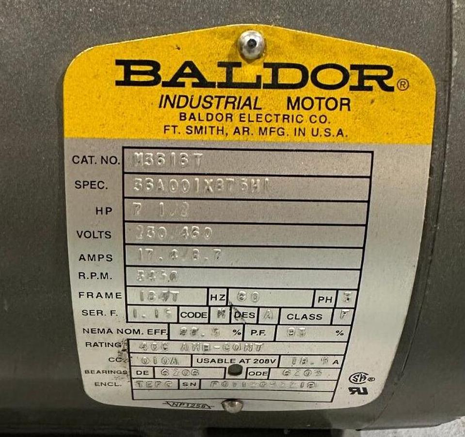 Used NEW BALDOR M3616T ELECTRIC MOTOR 7.5HP, 3450RPM, 3PH, 60HZ, 184T, 3640M, TEFC
