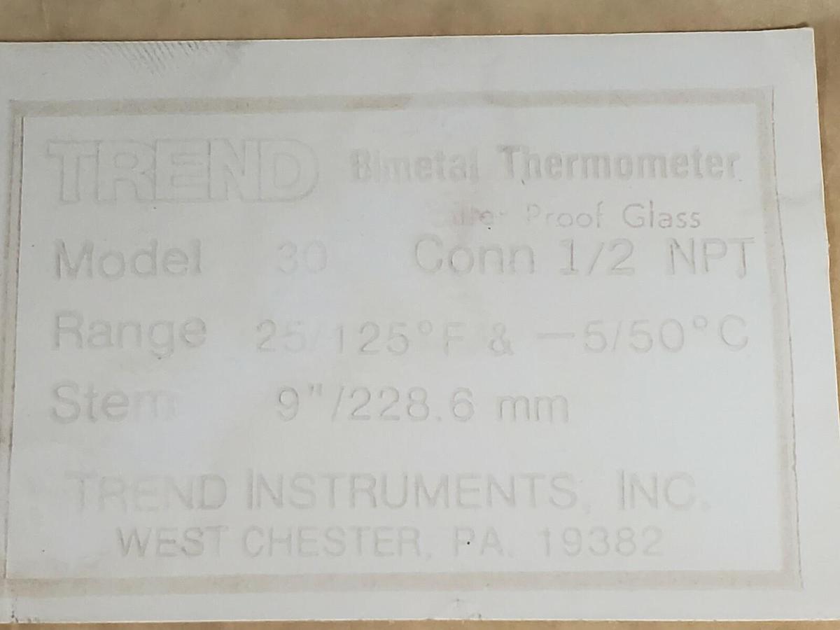 Used NIB TREND INSTRUMENTS MODEL: 30 CONN 1/2 NPT 25-125 DEG. F 9''/228.6mm