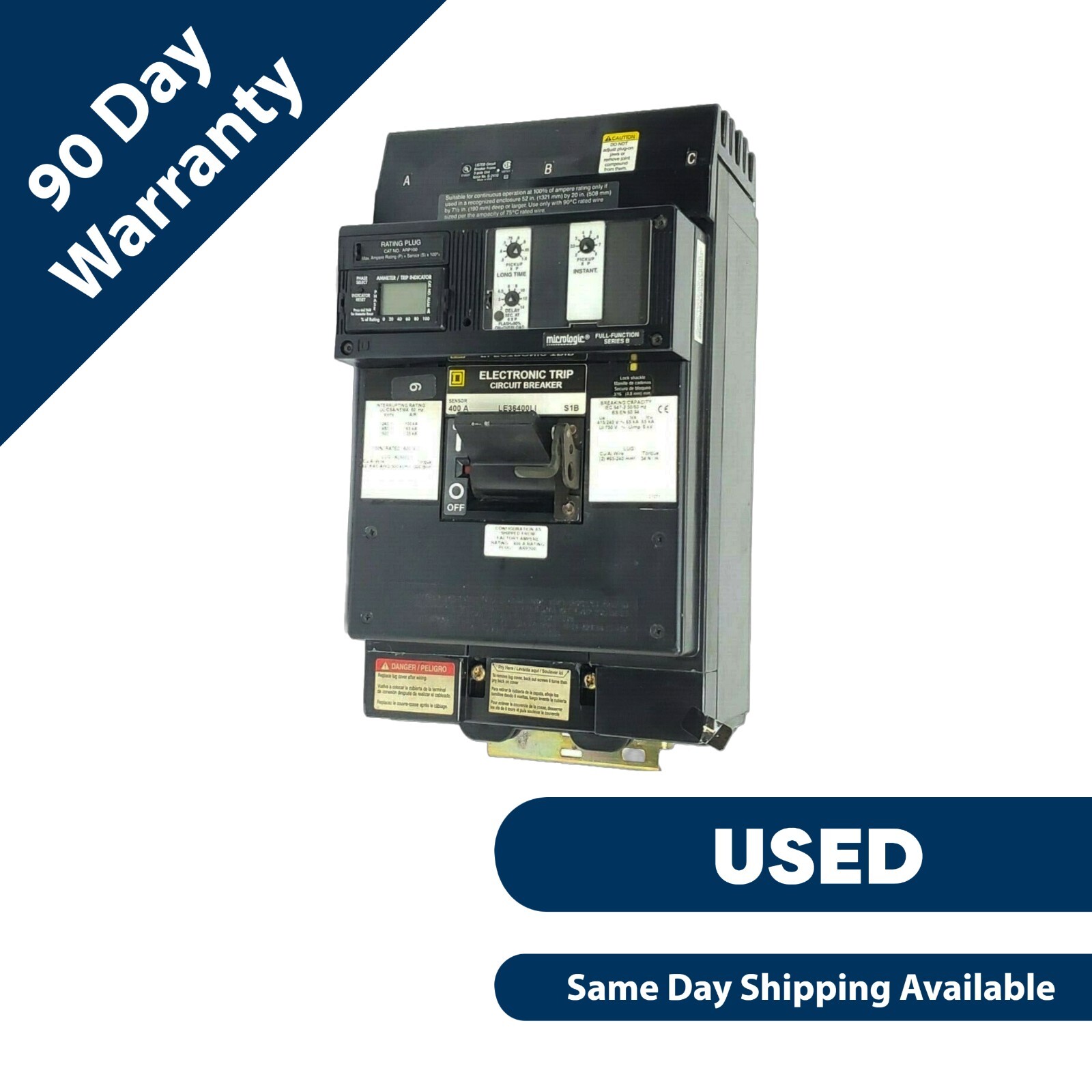 Used SQUARE D LE36400LI MOLDED CASE CIRCUIT BREAKER 600V, 400A W/ TRIP ARP100 PLUG KI