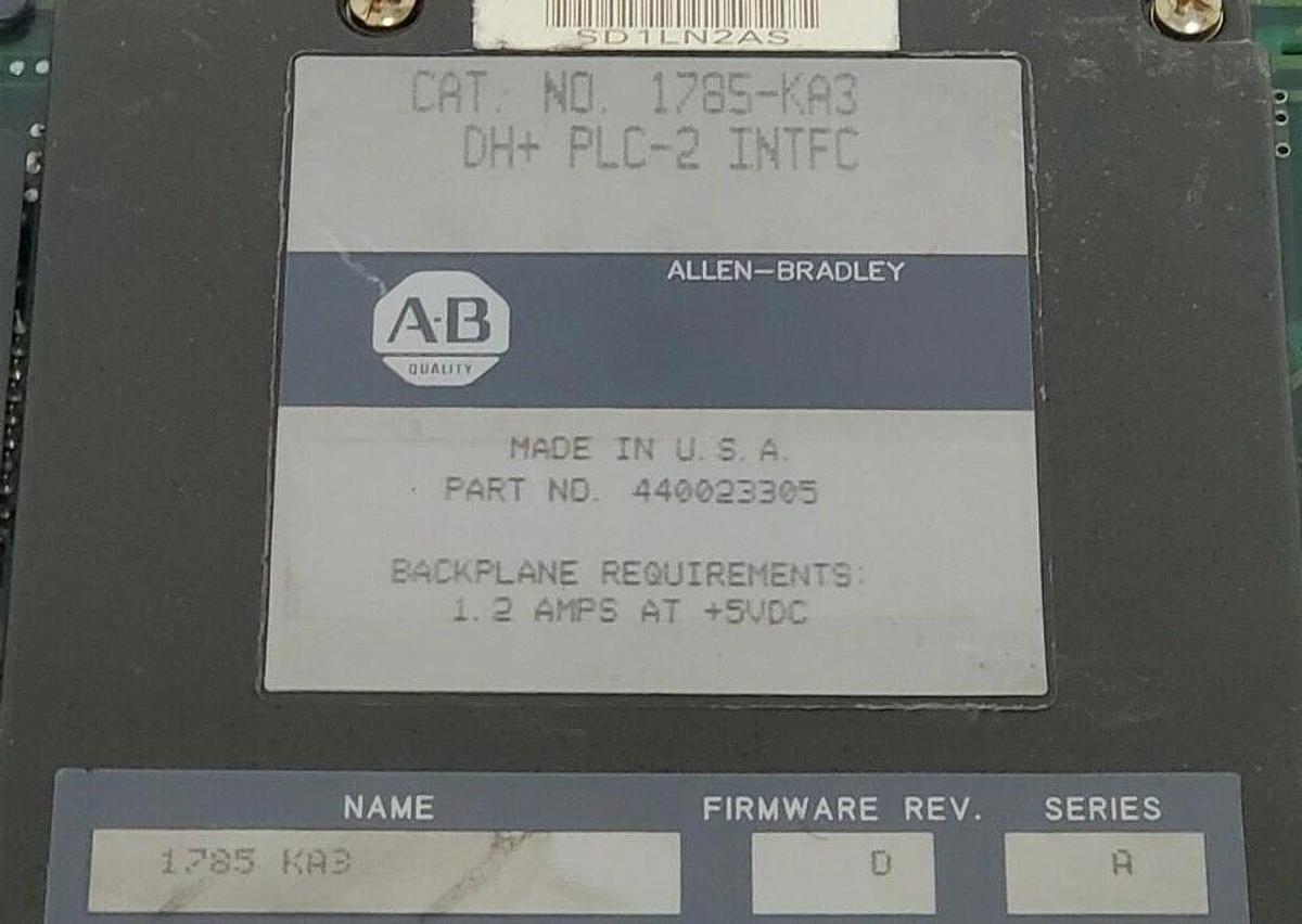 Used ALLEN-BRADLEY 1785-KA3 DH+ PLC-2 INTERFACE COMMUNICATION MODULE SER A, 440023305