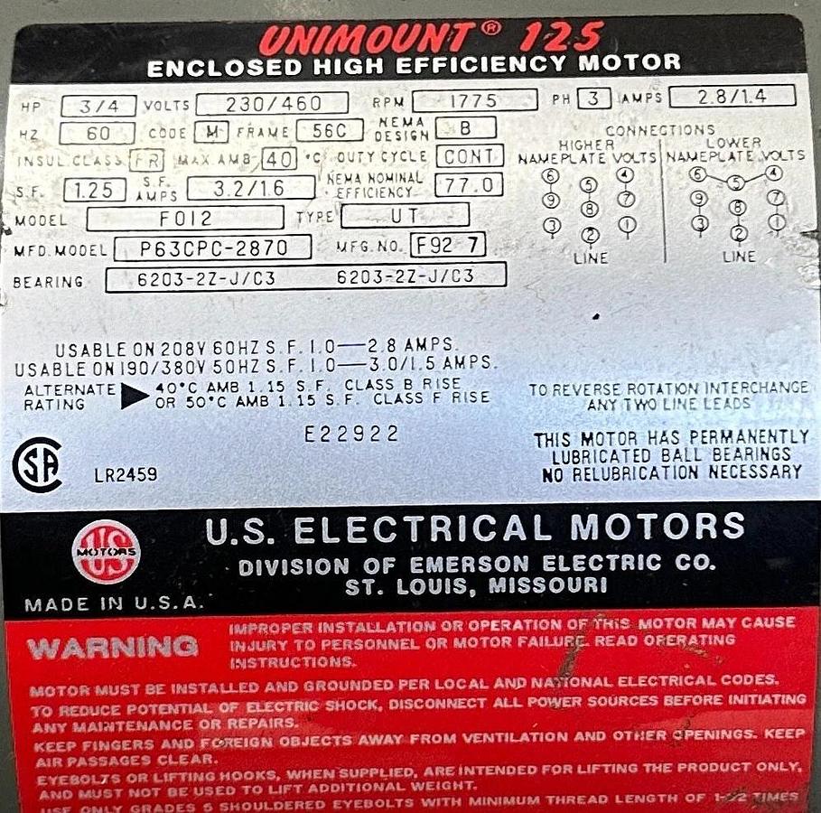 US ELECTRICAL MOTORS P63CPC-2870 / F012 UNIMOUNT 125 MOTOR 3/4HP W/ BRAKE NSNP
