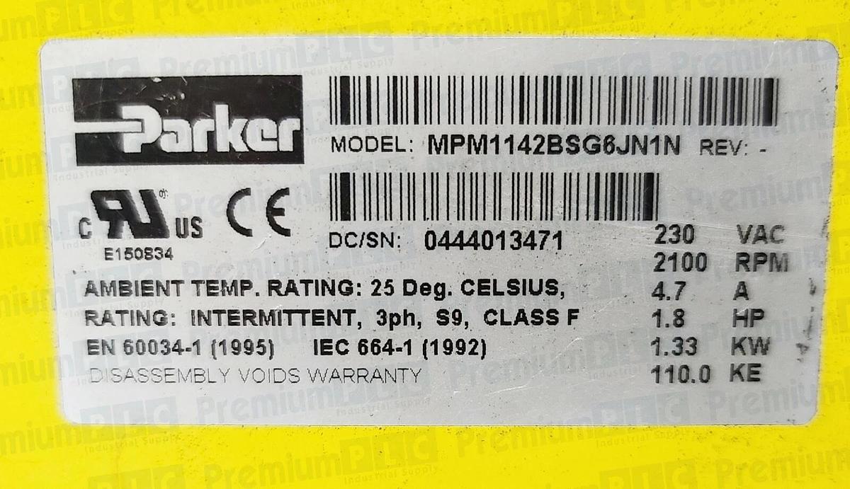 Used PARKER MPM1142BSG6JN1N ROTARY SERVO MOTOR 3PH 230VAC, 2100 RPM 1.8HP MPM1142BSG