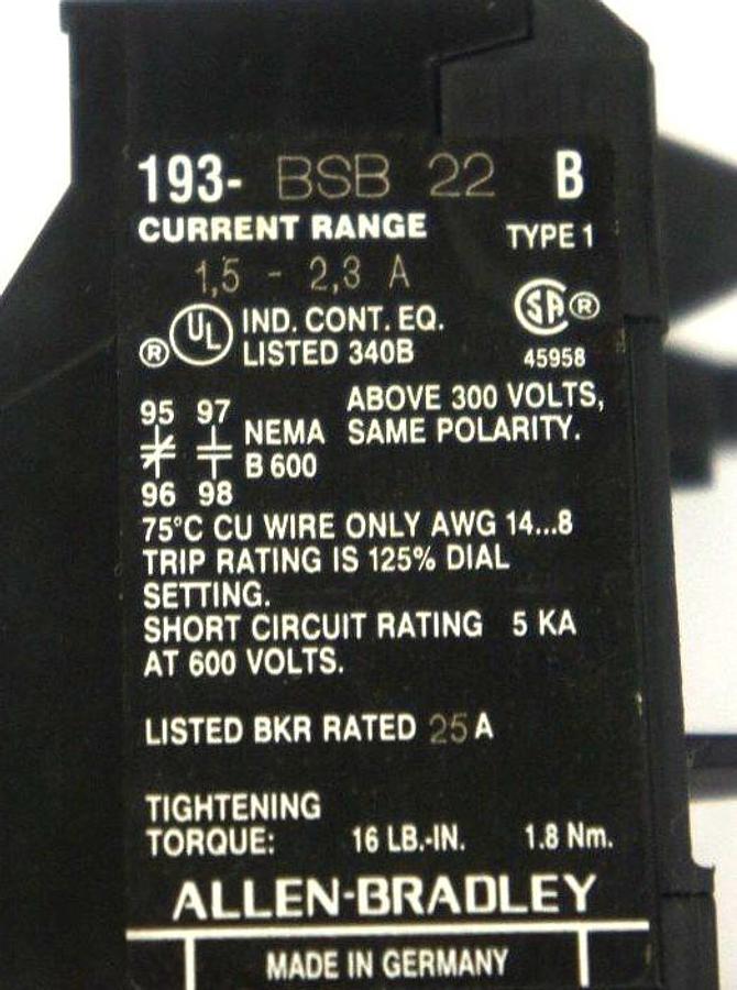 Used ALLEN BRADLEY 193-BSB22 OVERLOAD RELAY, SER B, 193BSB22