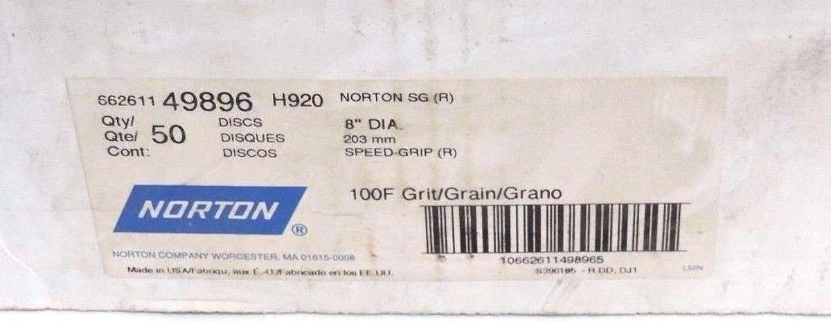 Used NIB NORTON NORTON 66261149896 DISCS 8'' DIA. 100F GRIT 662611 49896 H920 QTY: 50