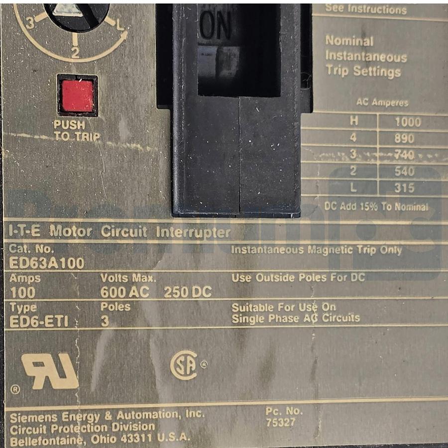 Used Siemens I-T-E ED63A100 Sentron Circuit Breaker | 100A 600V 3P | ED6-ETI w/Trip