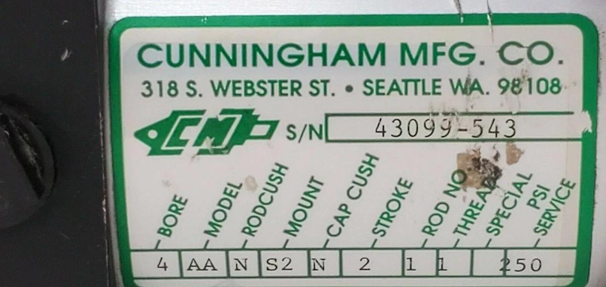 Used CUNNINGHAM MODEL AA PNEUMATIC CYLINDER 4" BORE, 2" STROKE, 250PSI, 4AANS2N211250