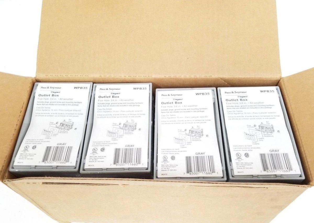 Used BOX OF 12 NEW PASS & SEYMOUR WPB35 ALL-WEATHER OUTLET BOXES, FIVE-HOLE, 3/4"