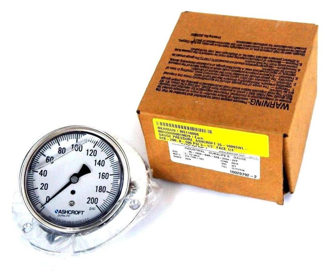 NIB ASHCROFT 35-1009-SWL-02B-200#-XFF GLYCERIN PRESSURE GAUGE 0-200PSI 3 1/2"