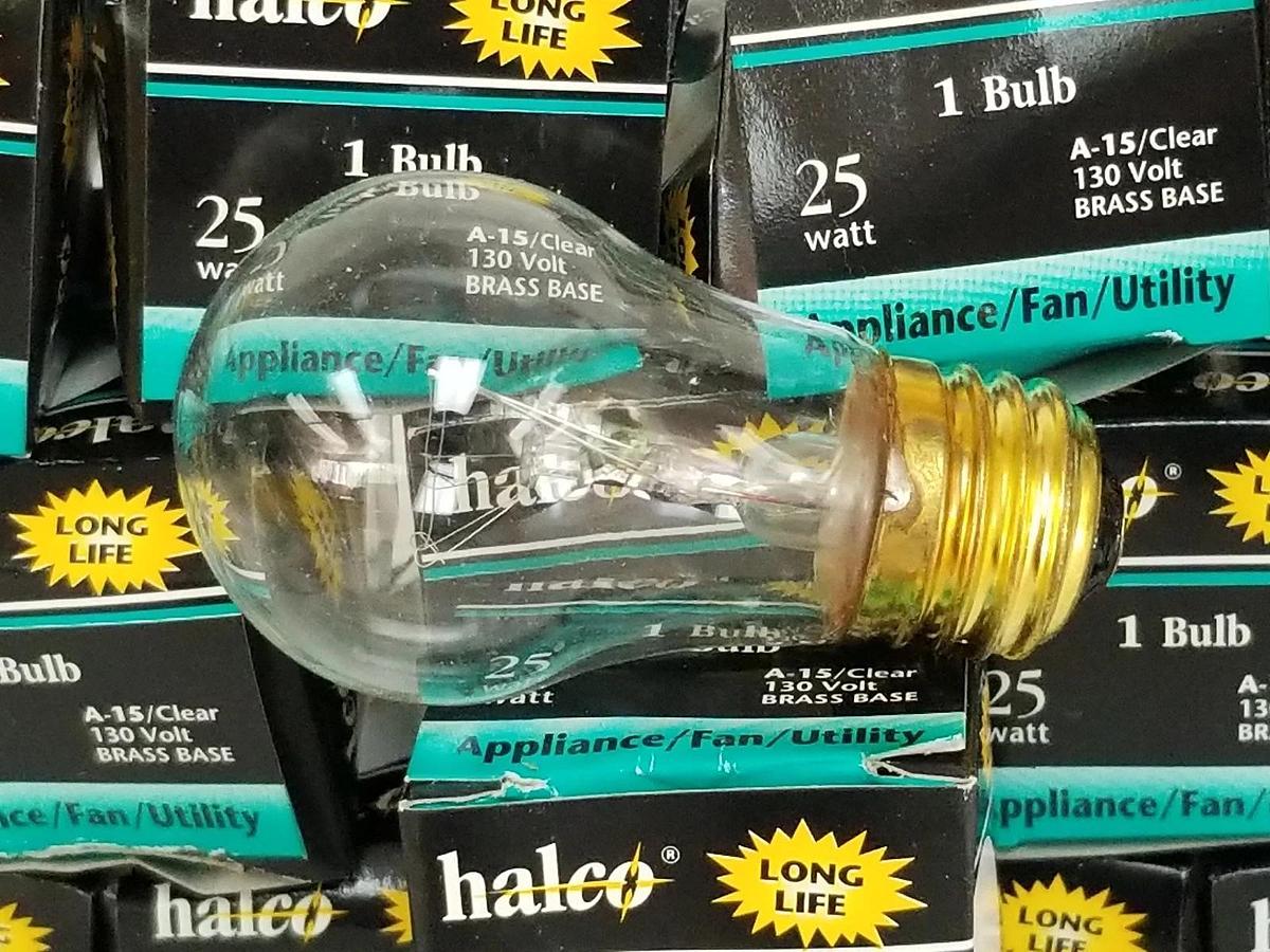 Used LOT OF 16 NIB HALCO LIGHTING A15CL25 CLEAR BULBS A-15, 130V, BRASS BASE