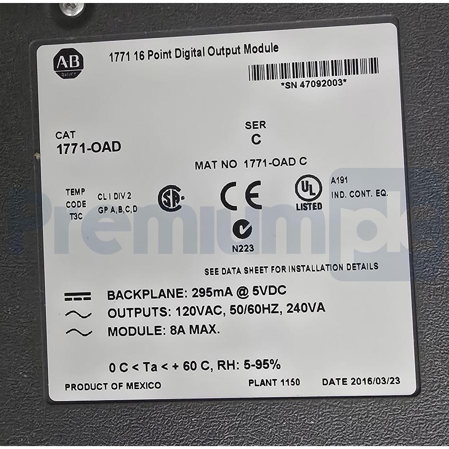 Used Surplus Allen Bradley 1771-OAD /C PLC-5 16-Pt Digital Output Module 1771OAD