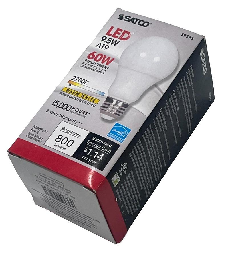 Used (2) SATCO 9.5W A19 LED Bulbs S9593 60W Replacement 2700K Warm White Non-Dimmable