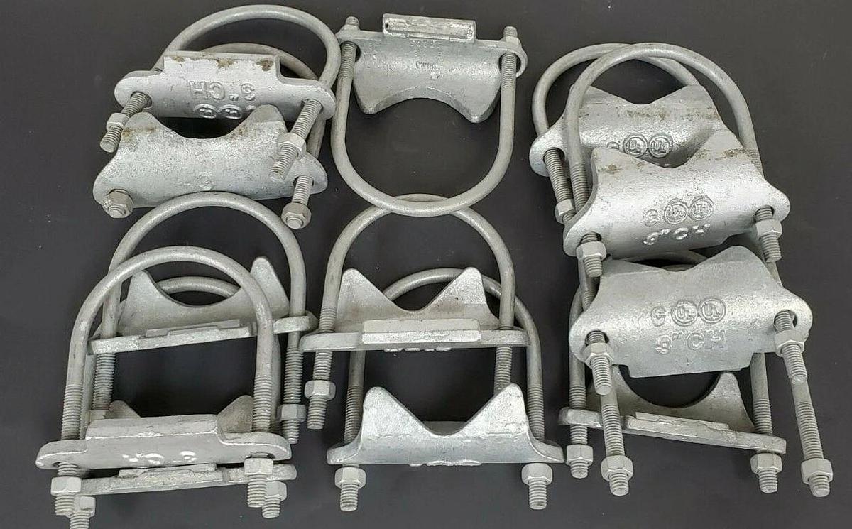 LOT OF 13 NEW ASSORTED BRAND 3" U-BOLT CONDUIT CLAMPS (3" KORNS, 3" CH, X-3)