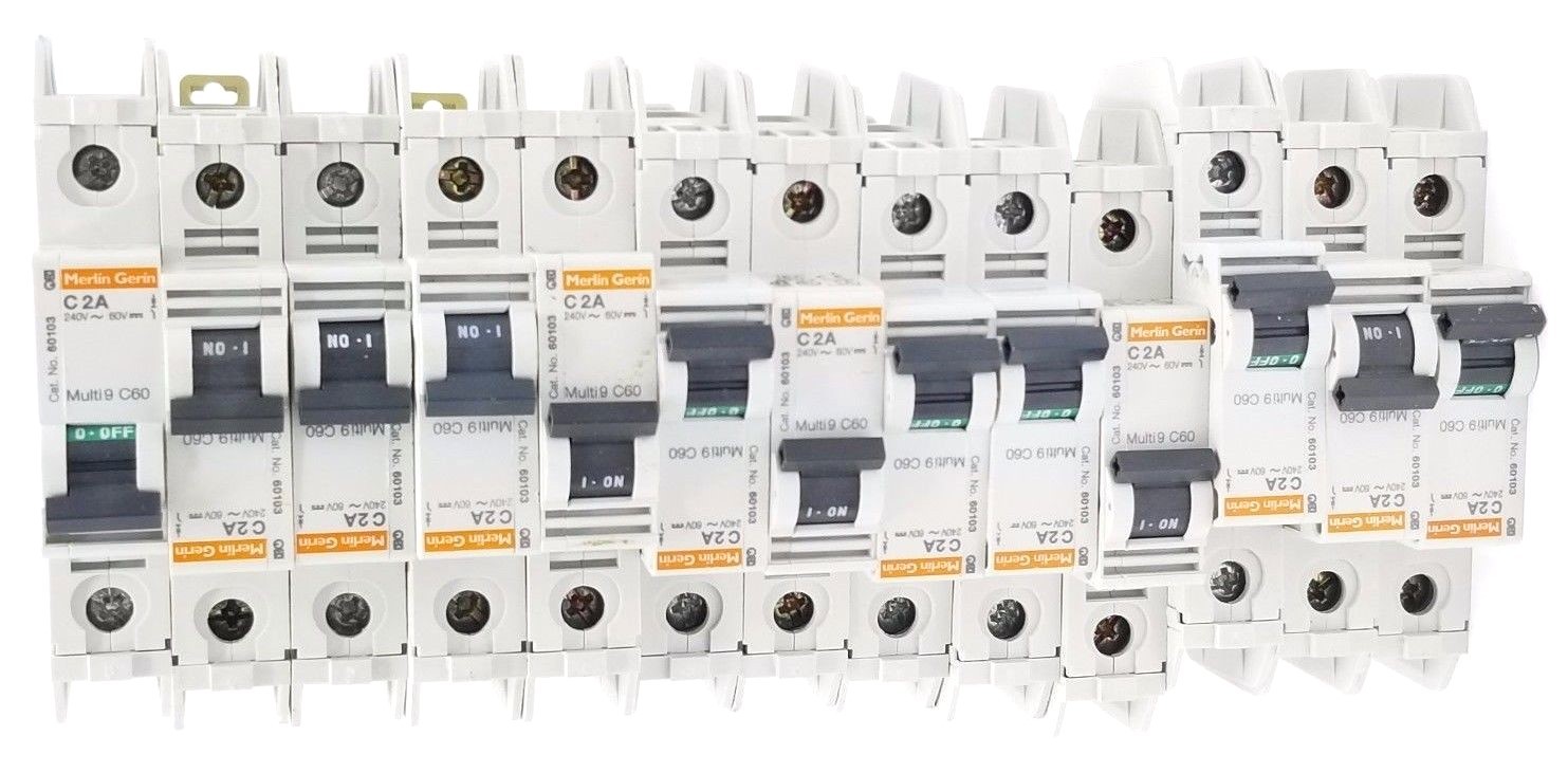 Used LOT OF 13 NEW MERLIN GERIN MULTI 9 C60 CIRCUIT BREAKERS 2AMP 1POLE 240VAC, 60103