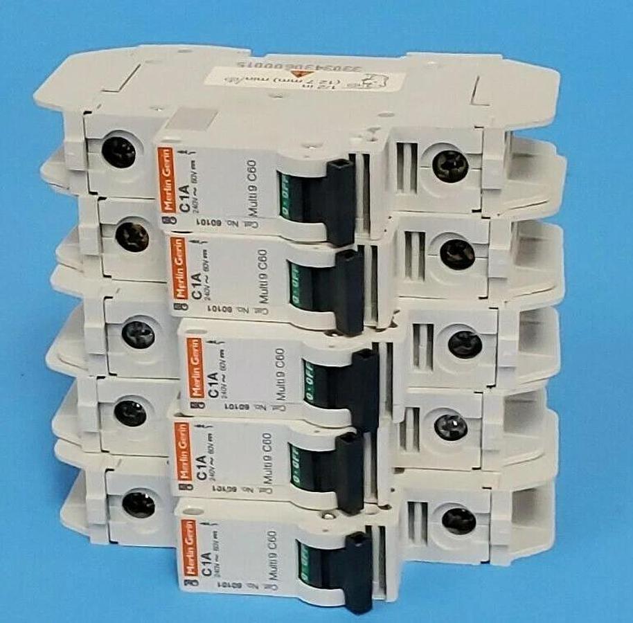 Used LOT OF 5 MERLIN GERIN 60101 CIRCUIT BREAKERS C1A, 240V, MULTI 9 C60