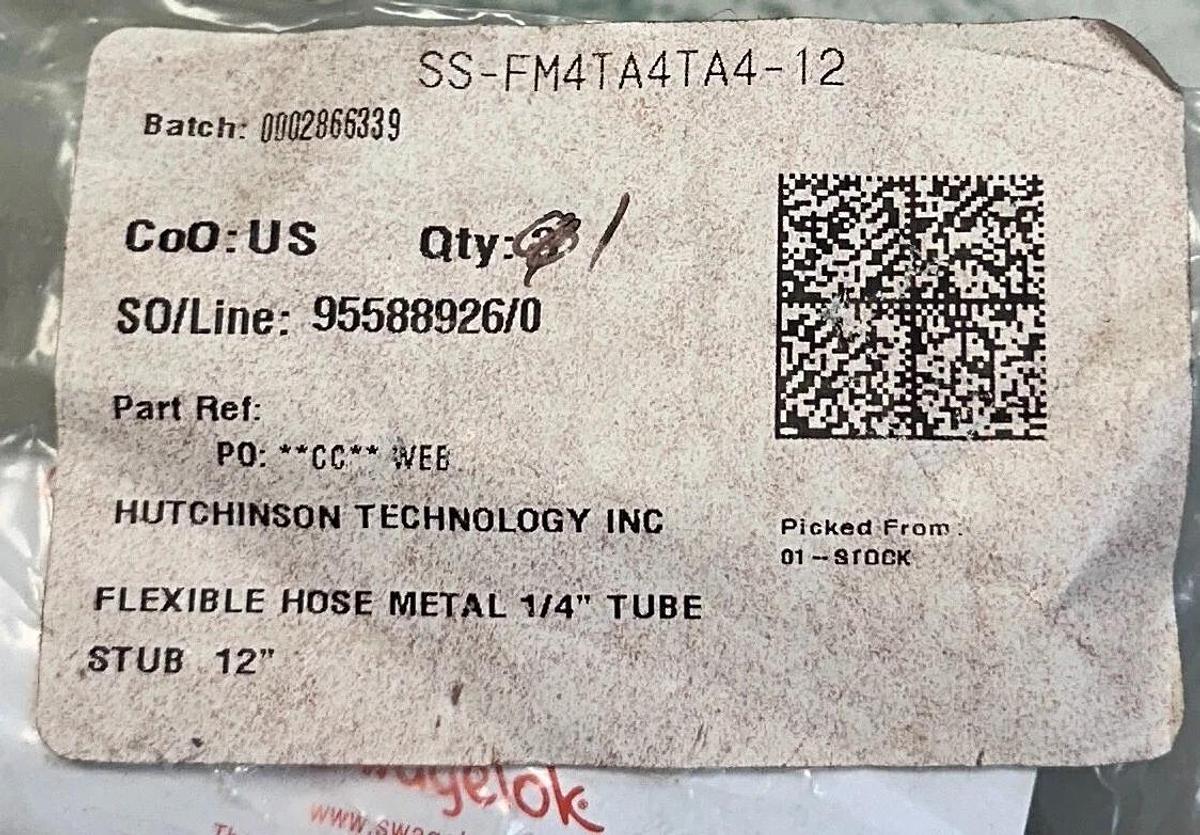 Used SWAGELOK SS-FM4TA4TA4-12 / SSFM4TA4TA412 CONVOLUTED HOSE 316L 12'' LENGTH NSFS
