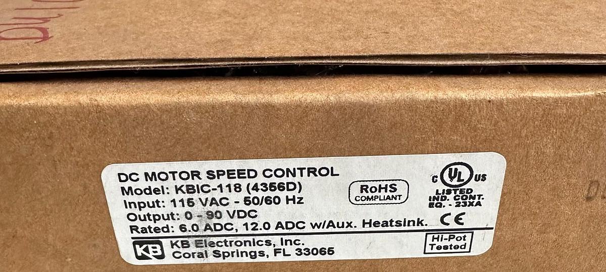 Used NEW KB ELECTRONICS KBIC-118 / KBIC118 DC MOTOR SPEED CONTROL 115V 50/60Hz 4356D