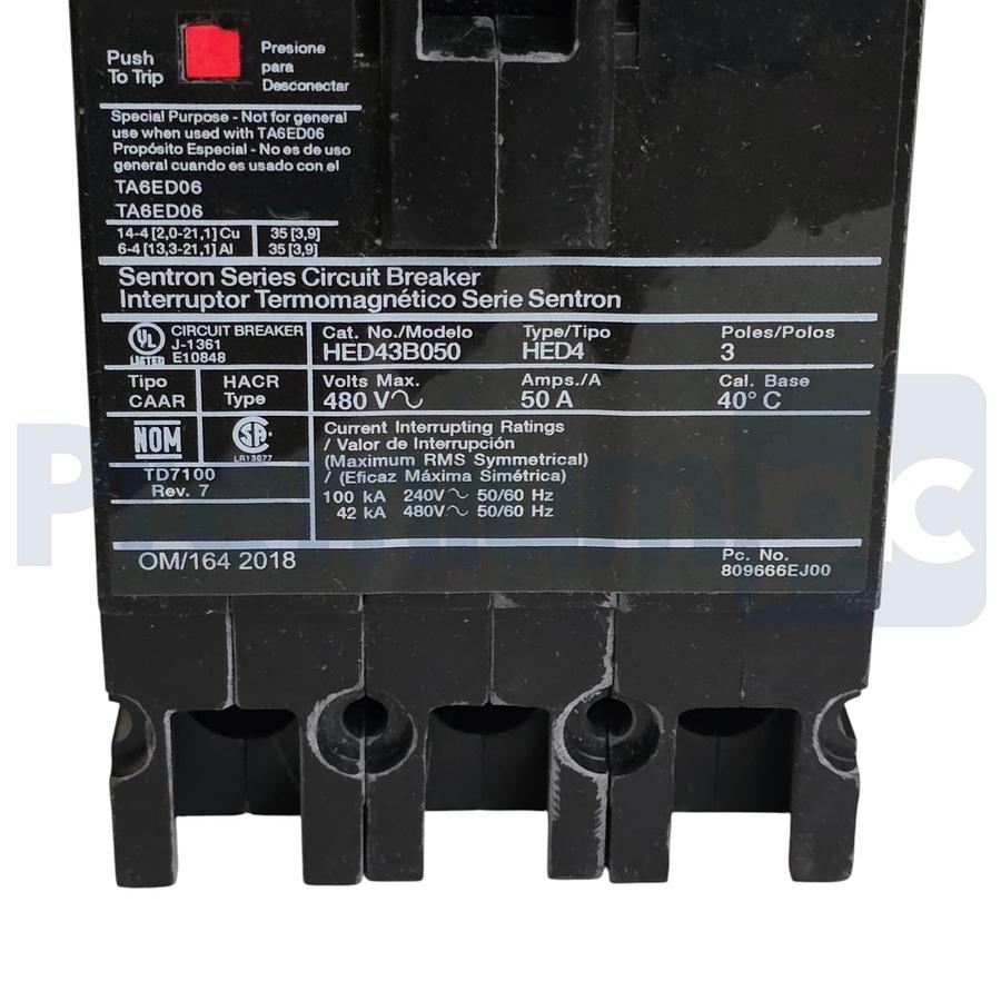 Used Siemens ITE HED43B050 Sentron ED Frame Circuit Breaker 50A 3-Pole 480V 42kA NSNP