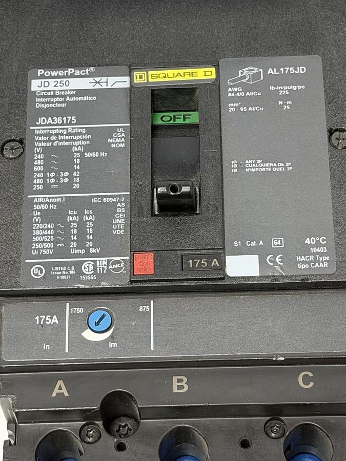 Used SQUARE D JDA36175 MOLDED CASE CIRCUIT BREAKER POWERPACT J CIRCUIT BREAKER