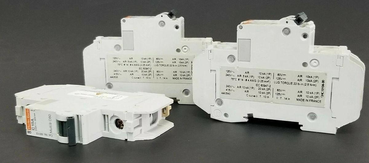 Used LOT OF 4 MERLIN GERIN CAT. NO. 60112 MULTI9 C60 CIRCUIT BREAKERS C15A 240V/60V