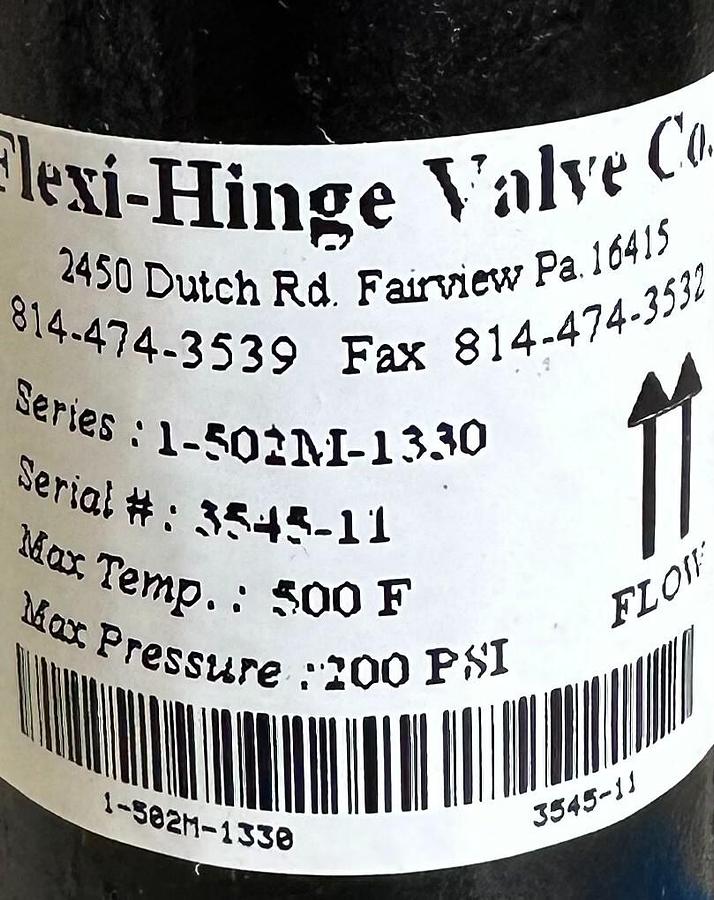 Used NEW Flexi-Hinge VALVE CO. 1-502M-1330 / 1502M1330 CHECK VALVE 200PSI 500F