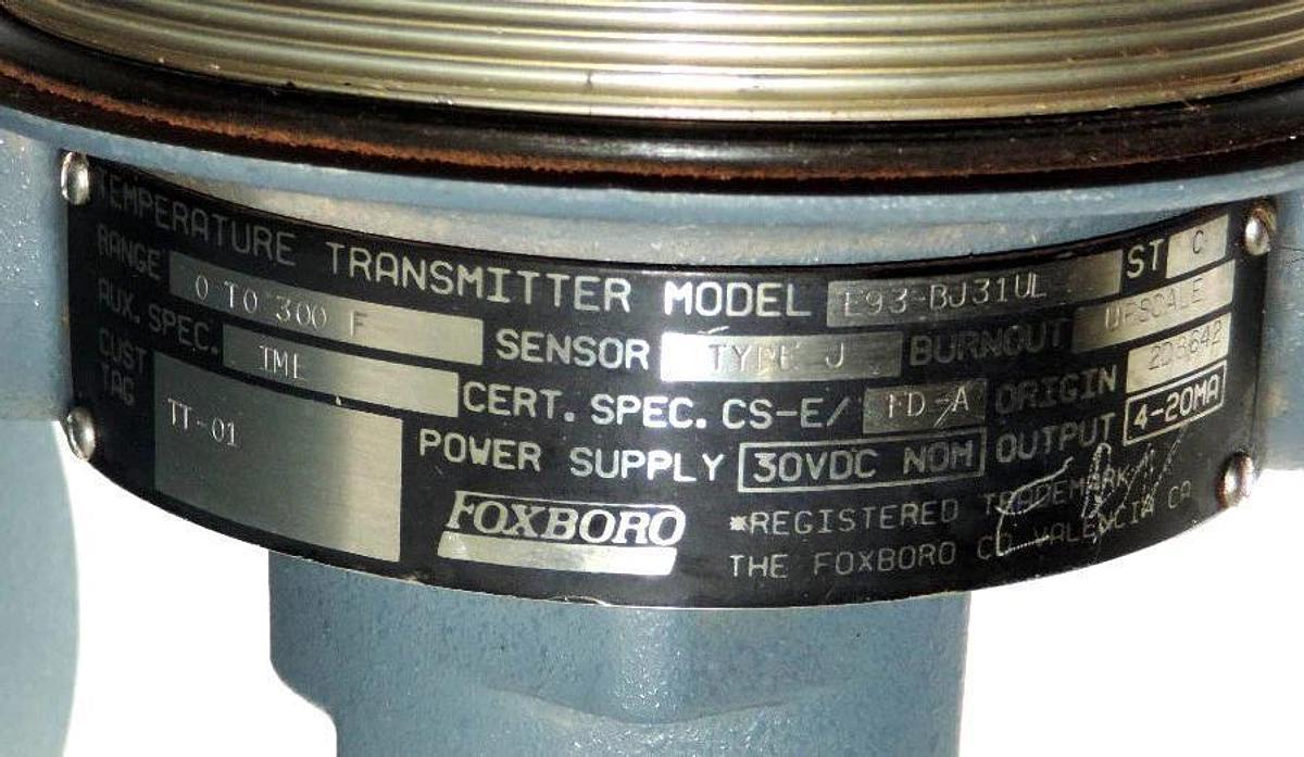 Used FOXBORO E93-BJ31UL ST. C TEMPERATURE TRANSMITTER 0-300, TYPE J SENSOR, E93BJ31UL
