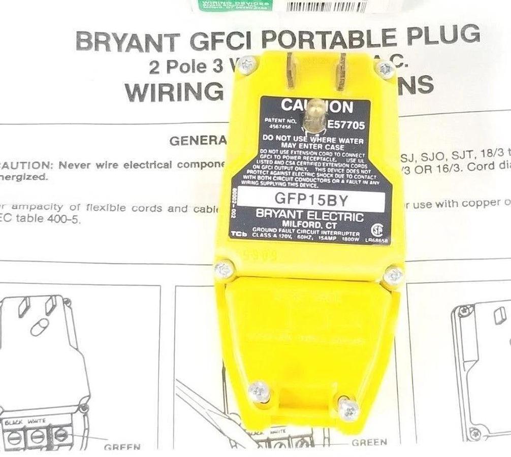 Used BOX OF 10 NEW BRYANT GFP15BY GROUND FAULT INTERRUPTER YELLOW 2P, 15A, 125V PLUGS