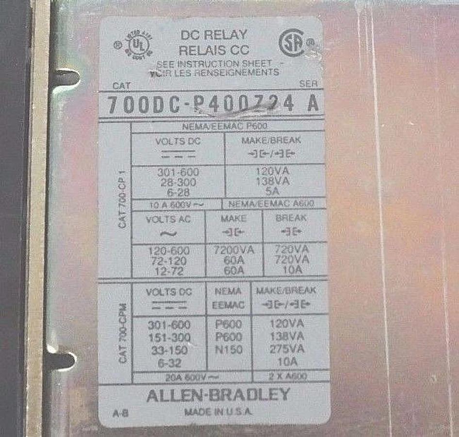 Used ALLEN BRADLEY 700DC-P400Z24 CONTROL RELAY SER. A, TYPE P W/ 700-PB40 ADDER DECK