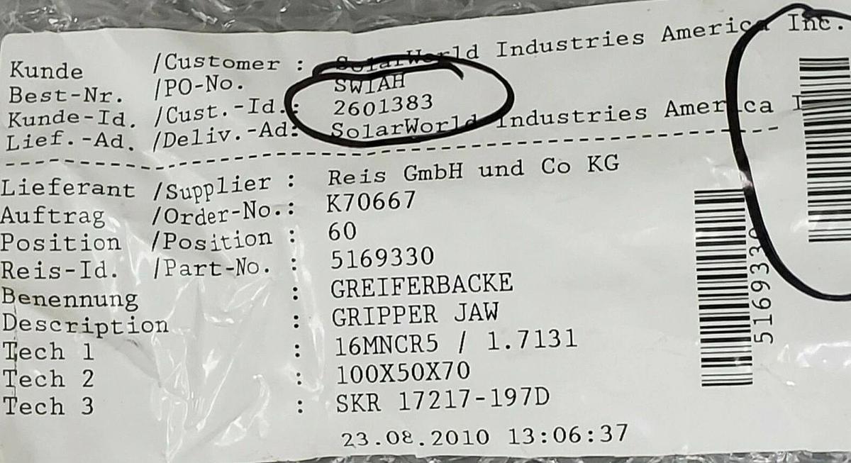 NEW REIS ROBOTICS USA IDENT. NO: 5169330 GRIPPER JAW 16MNCR5 / 1.7131