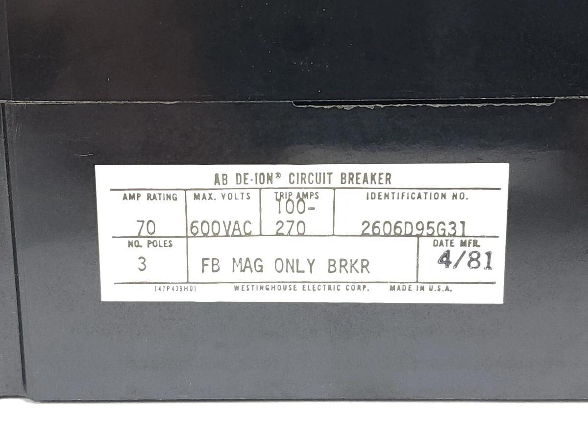 Used NEW WESTINGHOUSE 2606D95G31 CIRCUIT BREAKER 3P 70A 600VAC FB BKR MAG ONLY