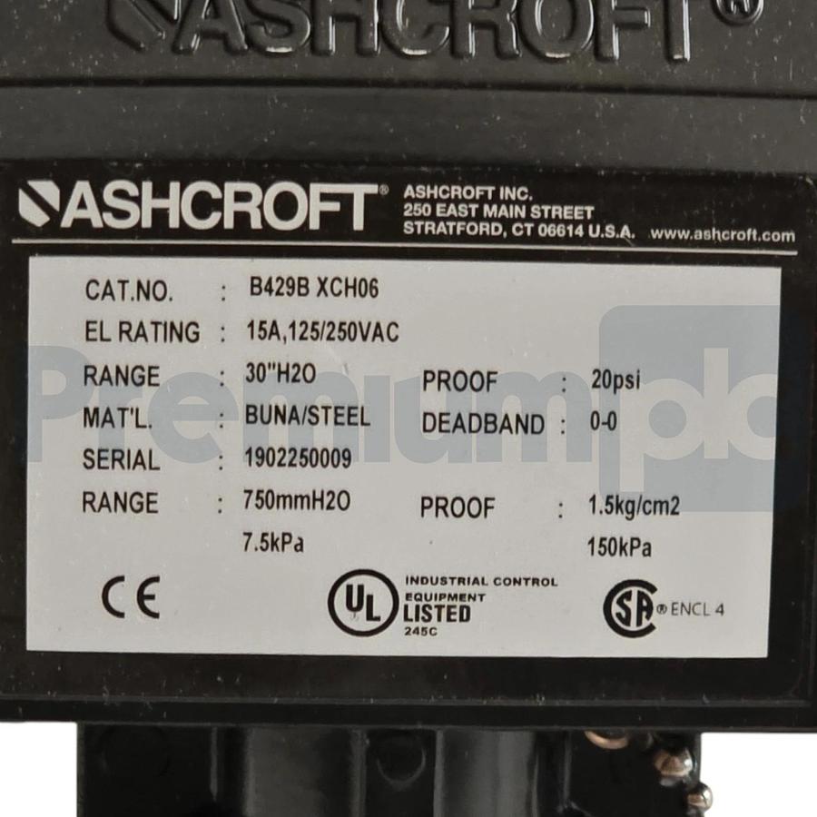 Ashcroft B429B XCH06 B-Series Pressure Switch 30"H2O 15A 125/250VAC B429BXCH-06